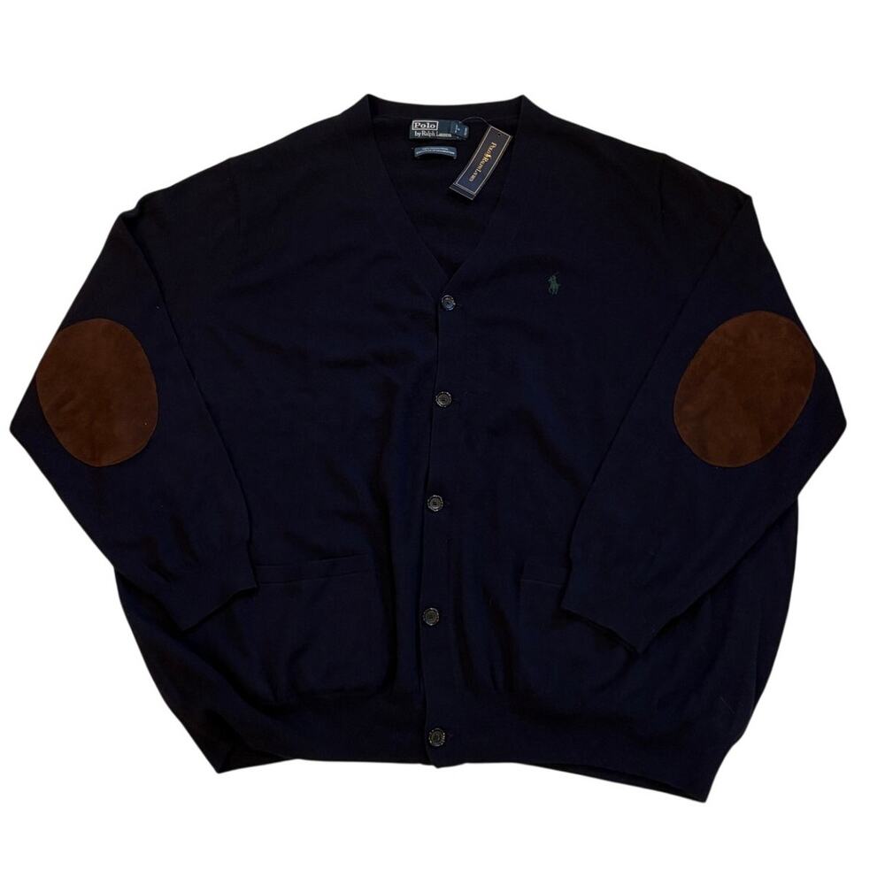 Vtg Polo Ralph Lauren Cardigan Sweater Mens 5XB Blue Merino Wool Elbow Patches